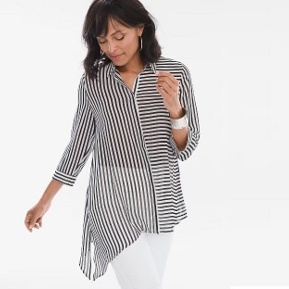 CHICO’S White Black Striped Asymmetrical Hem Button Down Tunic Shirt Size 3P - Picture 1 of 10